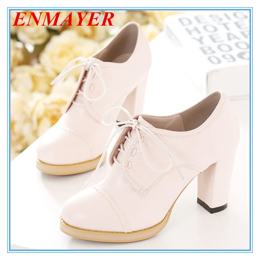 

ENMAYER  Casual Retro senior PU women pumps lace-up small round toe high heels Platform Pumps beige apricot solid shoes pumps