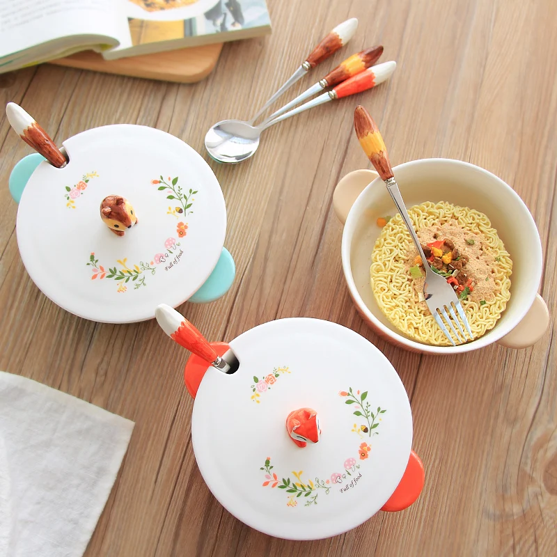 OUSSIRRO Мультяшные животные креативная миска для лапши с крышкой керамическая чаша Милая Студенческая чаша для супа