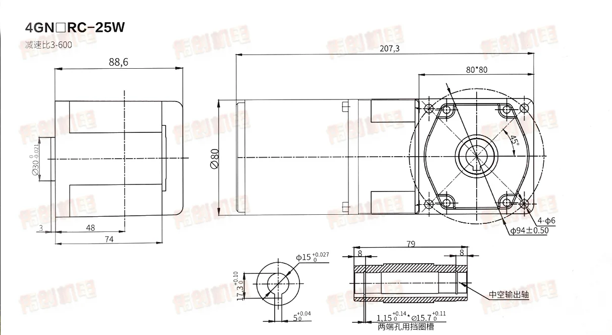 25WAC220V right angle hollow shaft / solid shaft speed control motor, high torque can be reversed+ governor