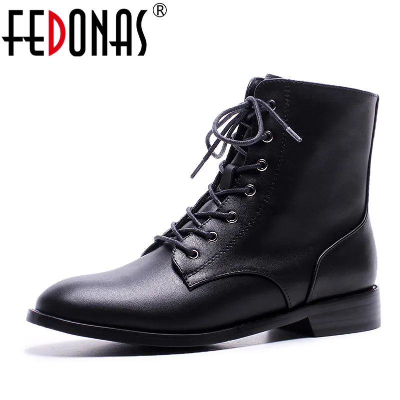 

FEDONAS Brand Ankle Boots Women Genuine Leather Thick Heels Motorcycle Boots Warm Autumn Winter Martin Shoes Woman Lace Up Boots