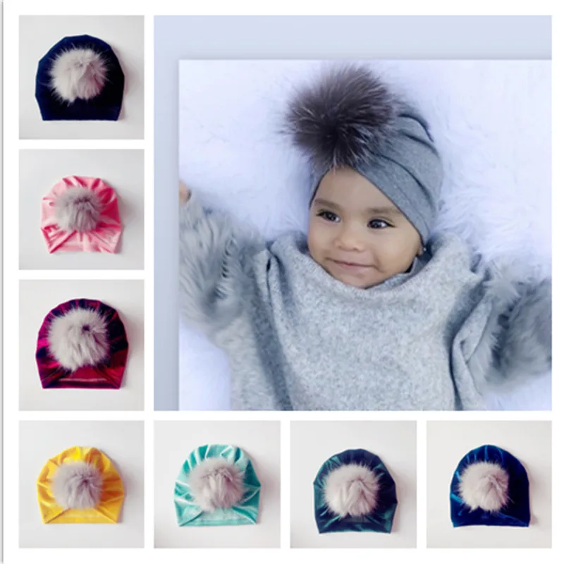

2018 New Arrival Baby turban hats Spring Autumn children velvet Caps kid Beanie pompom fur hat Warm girl caps
