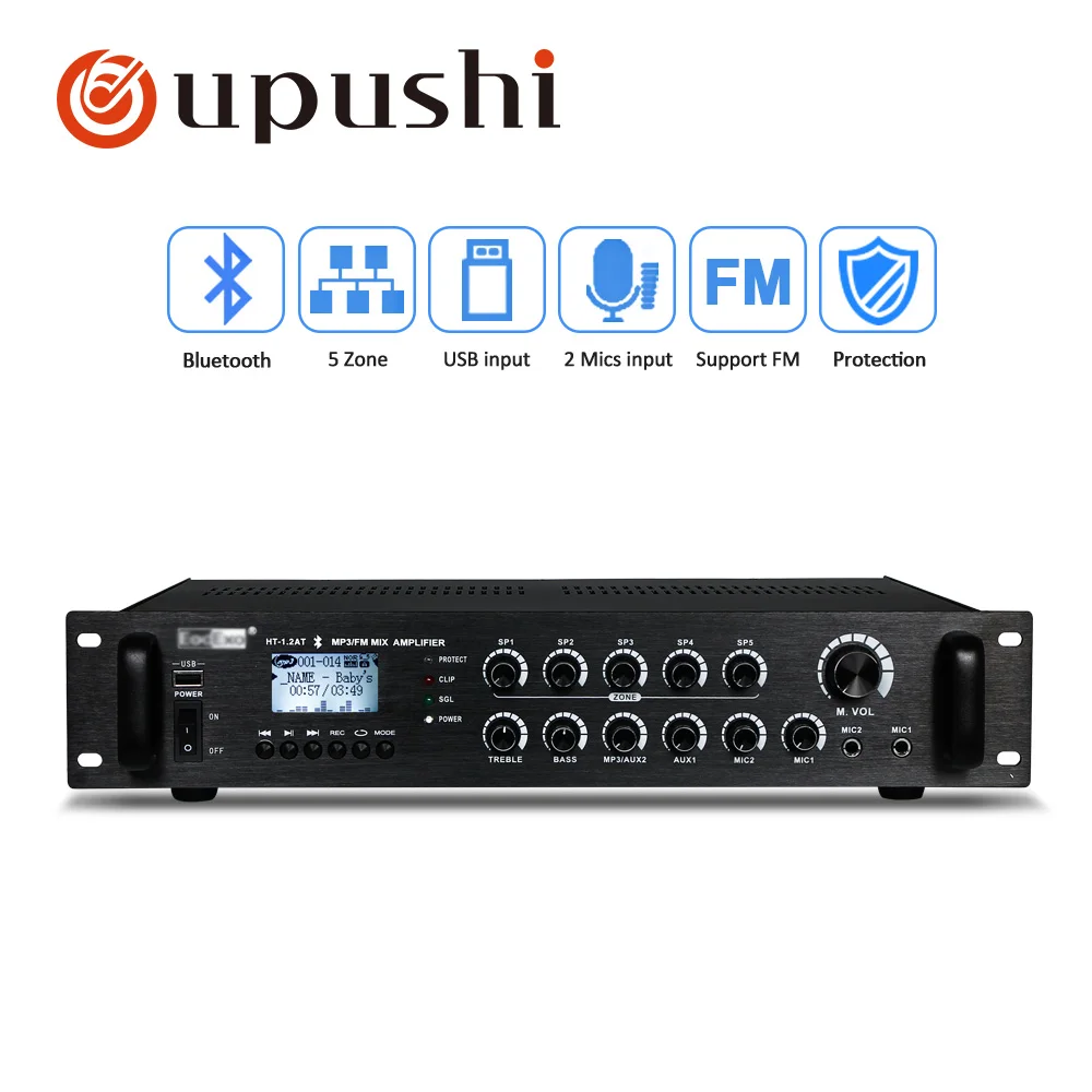 Oupushi bluetooth amplifier audio 120W 240W 360W USB SD card power amplifier 5 zone mixer digital stereo mplifier with speakers