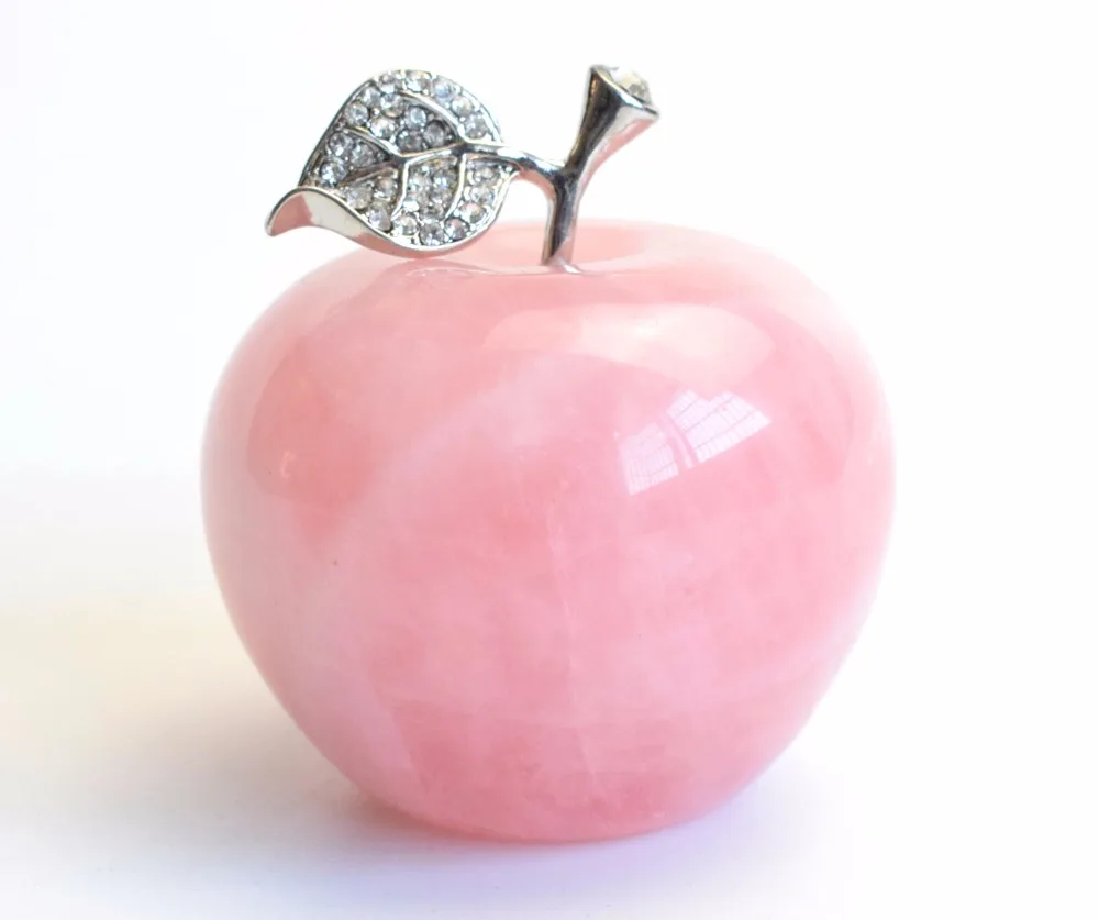 

65 MM Diameter Cute Natural Chakra Rose Quartz Carved Crystal Reiki Healing Apple Statue with Alloy Leaf for Home Decoration