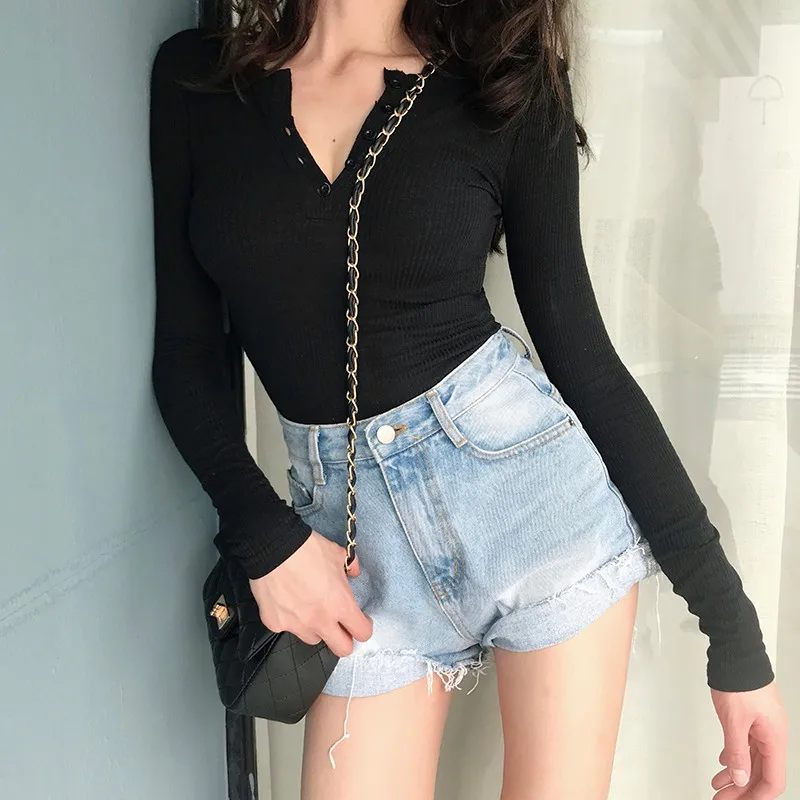  Summer Elastic Cotton Solid Deep-V Collar Sexy T-shirt Long-sleeved Women Slim T-shirts Knitted Top