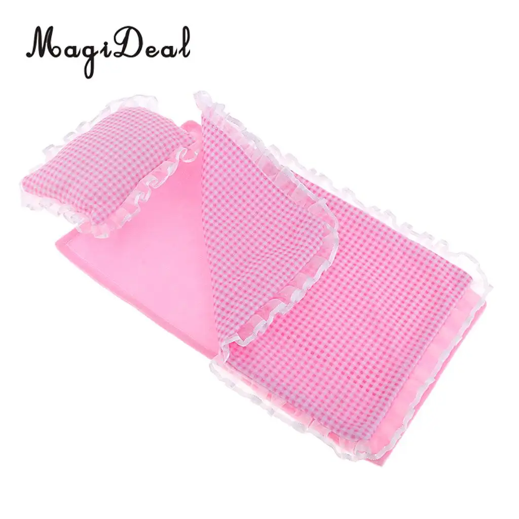 3pcs Lovely Pink Lace Plaid Bedding Set for 25cm Mellchan Dolls Bedroom Accessories