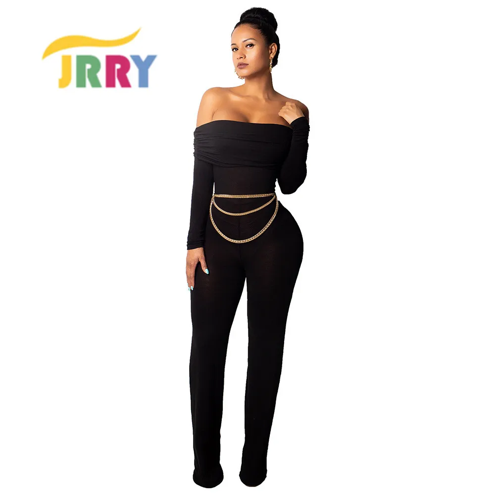 

JRRY Sexy Women Two Pieces Long Sleeve And Long Pants Solid Sashes Slash Neck