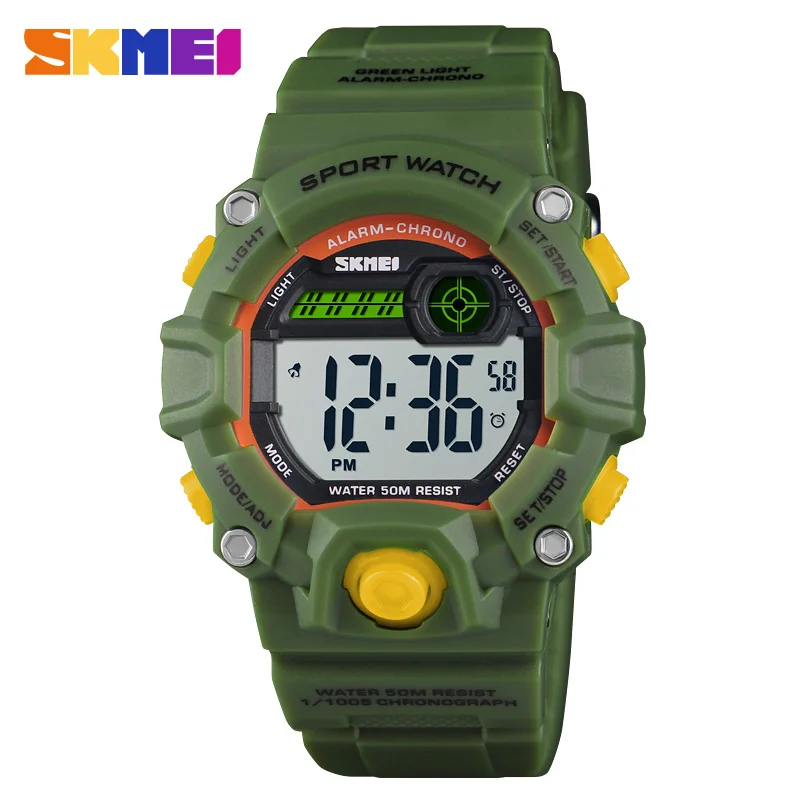 SKMEI детские спортивные часы, модный светодиодный цифровой Кварцевые часы для детей, для мальчиков и девочек, 50 м, водонепроницаемые спортивные наручные часы - Цвет: Army Green