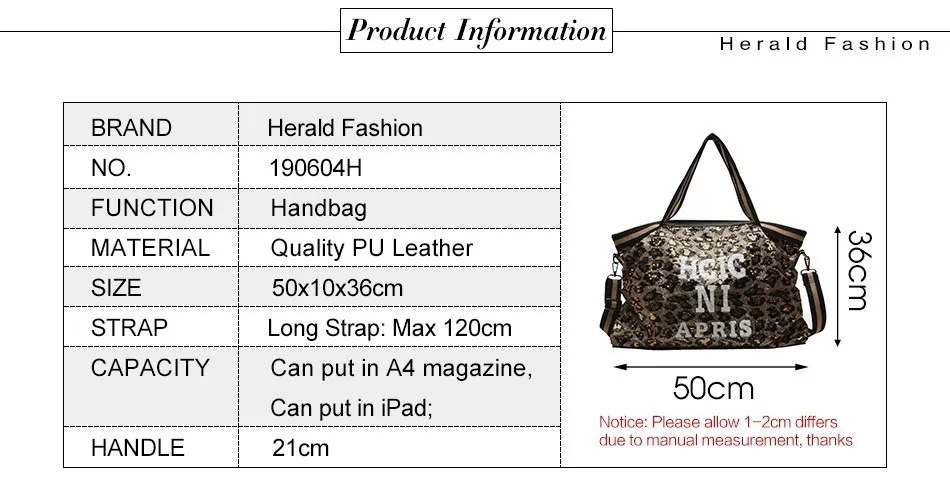 Herlad Fashion Large Women's Handbag Quality Leather Shiny Sequined Female Shoulder Bag Casual Letter Print Ladies' Tote Bag Sac