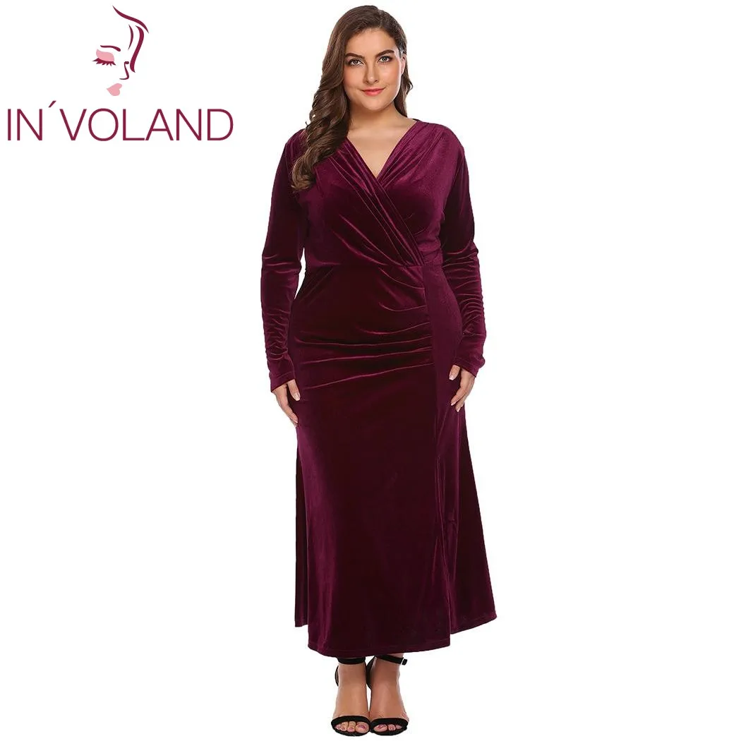 

IN'VOLAND Plus Size XL-4XL Women Party Maxi Dress Autumn Spring Long Sleeve Draped Split Velvet Slim Long Large Dresses Big Size
