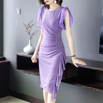 

Purple Chic Pastel Summer Dress Vestido De Festa Fashion Beading Women's Dresses Ukraine Office Lady Stylish Midi Dress Vestidos