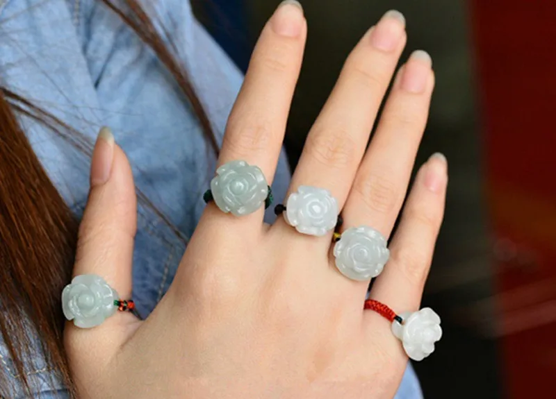Горячее надувательство Зеленый жадеит кольца ручной работы Jadeite jades BanZhi женские модные розы цветок палец кольцо ювелирные изделия