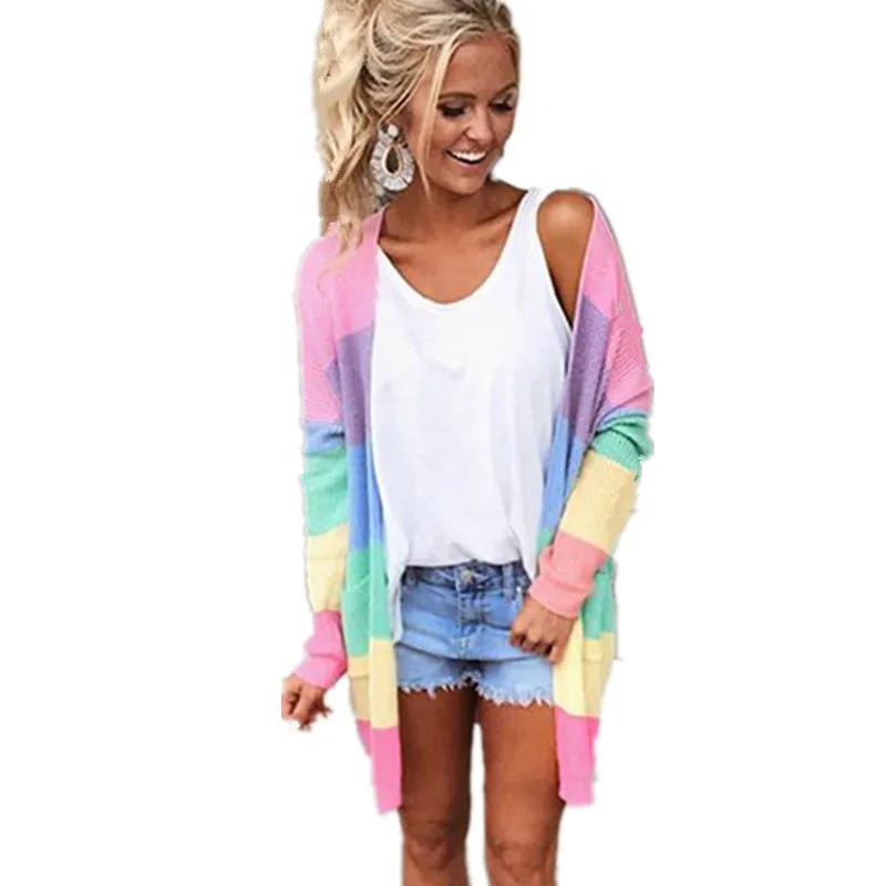 LOSSKY Rainbow Sriped Patchwork Autumn Long Cardigan Casual Loose Long Sleeve Women Winter Knitted Sweater Coat Outwear Jumpers 