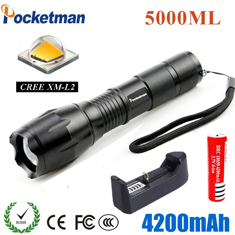 

XML T6 L2 LED 5000Lm Torches Zoomable Tactical LED Flashlight Lamp +18650 Battery +battery charger E17/A100 for Camping