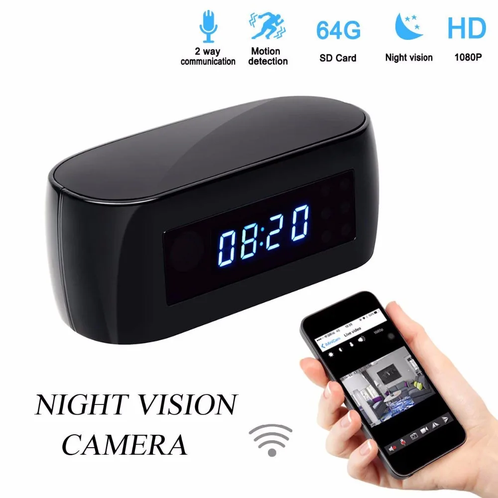HD 1080P WiFi Camera Alarm Clock Security with Motion Detection IR