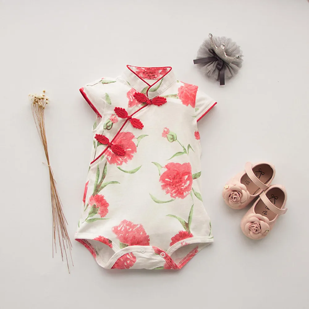 

BABY WORLD 2018 Toddler Baby Girl Clothes Rose Flower Print Sleeveless Cheongsa Chinese Style Romper Kids Clothes enfant fille