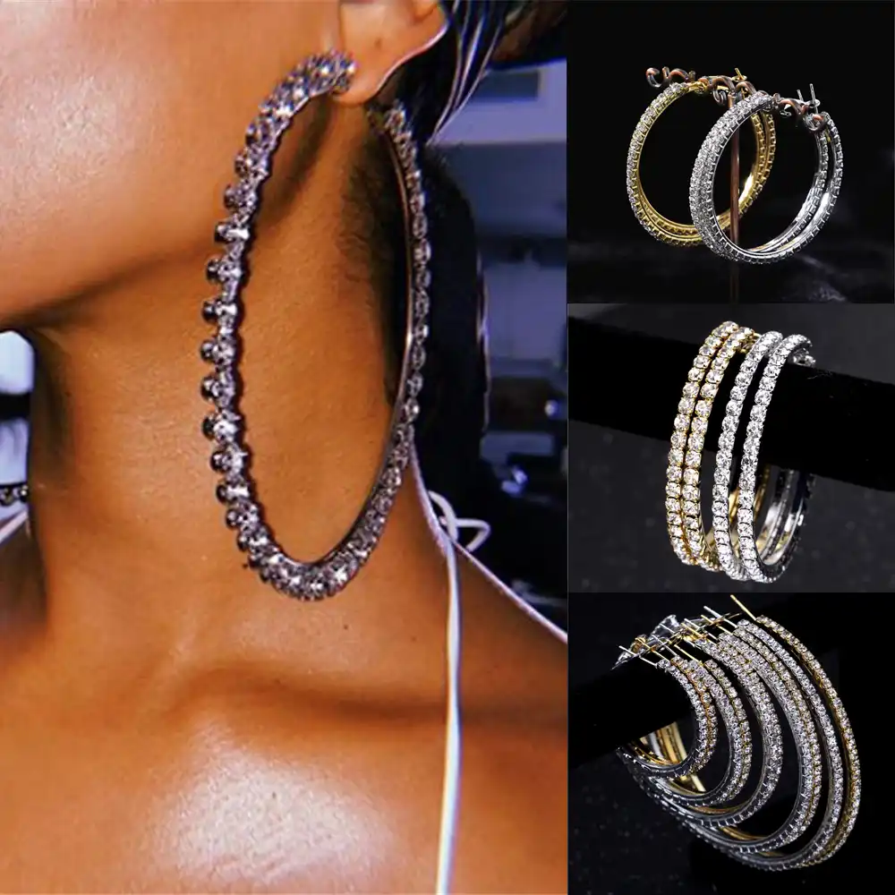 Shiny Big Rhinestone Hoop Earrings 