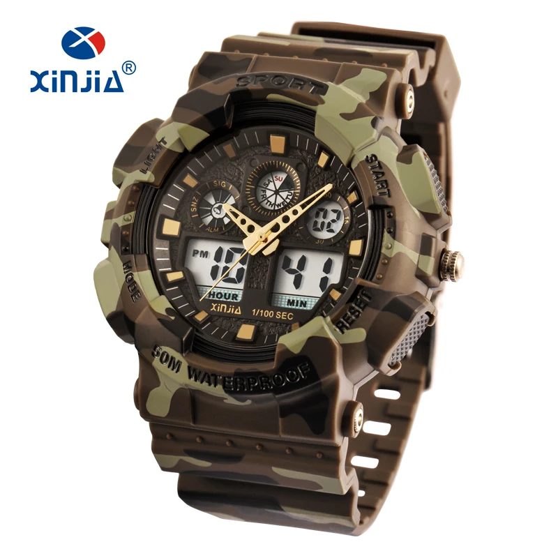 XINJIA, фирменный стиль, японский стиль, мужские военные ударопрочные цифровые часы, Армейский Камуфляж, спортивные, LCD, мужские, уличные, водонепроницаемые