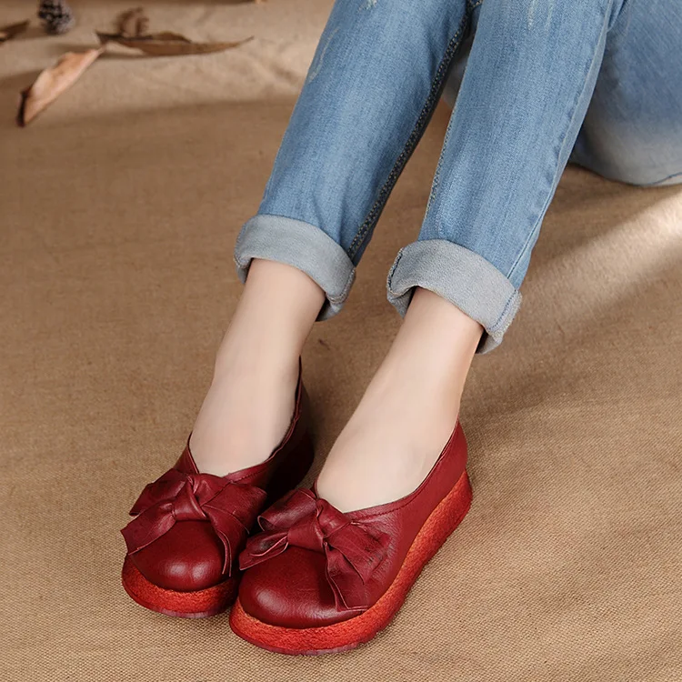 Designer Spring Womens Red Pumps Sale Genuine Leather Ladies 3CM Heel Shoes Brown Handmade Women Wedges Bowknot Comfortable