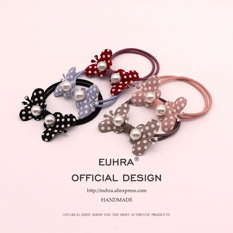 

EUHRA 5 Colors Cute Dot Pearl Shape Double Butterfly For Women Elastic Hair Bands Kid Children Rubber Bands High Elasticity