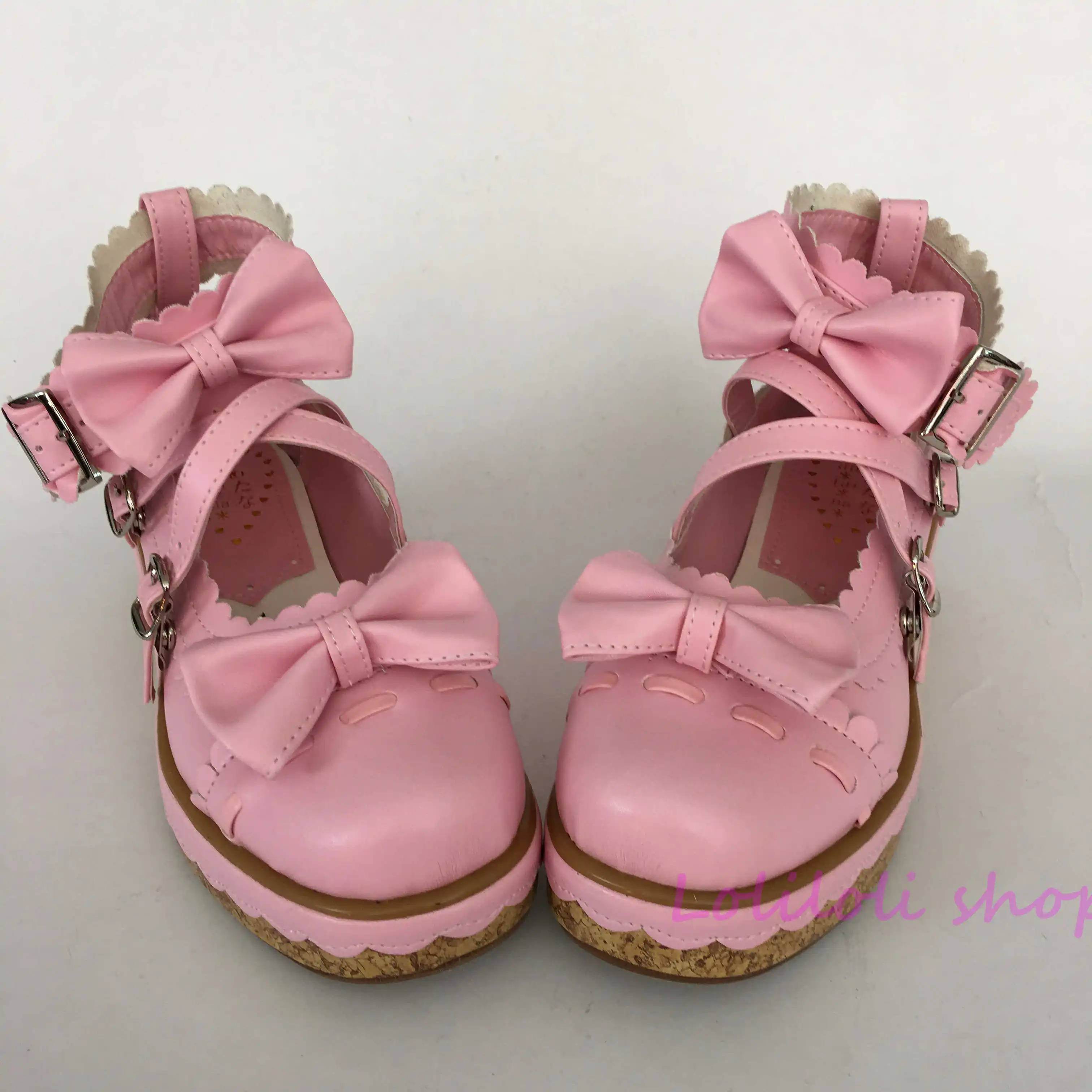 Princess sweet pink lolita shoes Bow buckle Shoe of sponge cake Customer customized large size By hand made lace an2002-8 | Обувь