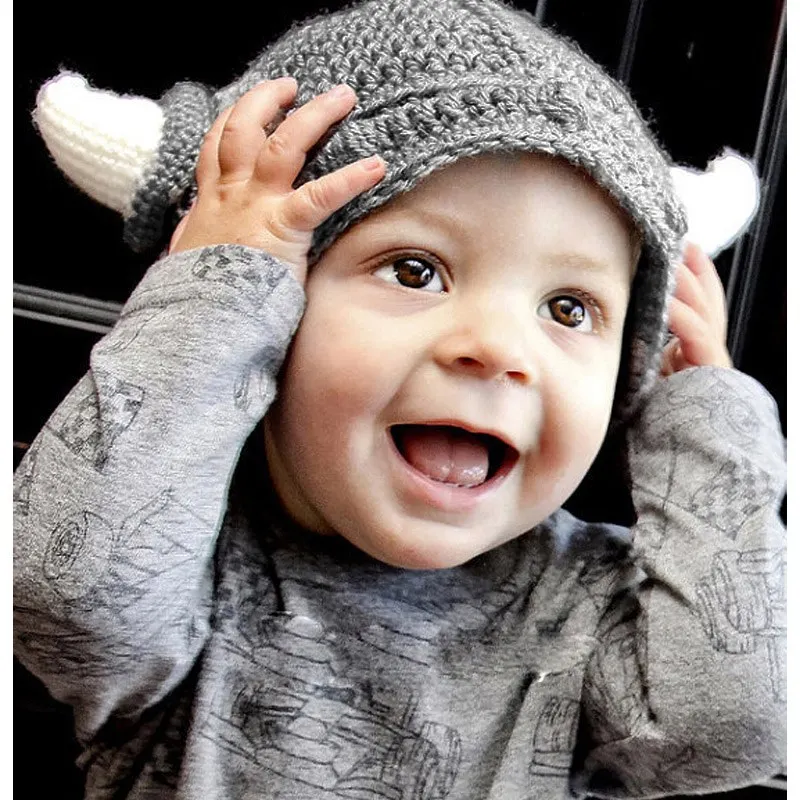 

Funny Handmade Baby Kids Bonnet Crochet Winter Hat Cartoon Children Toddler Viking Horns Knitted Useful