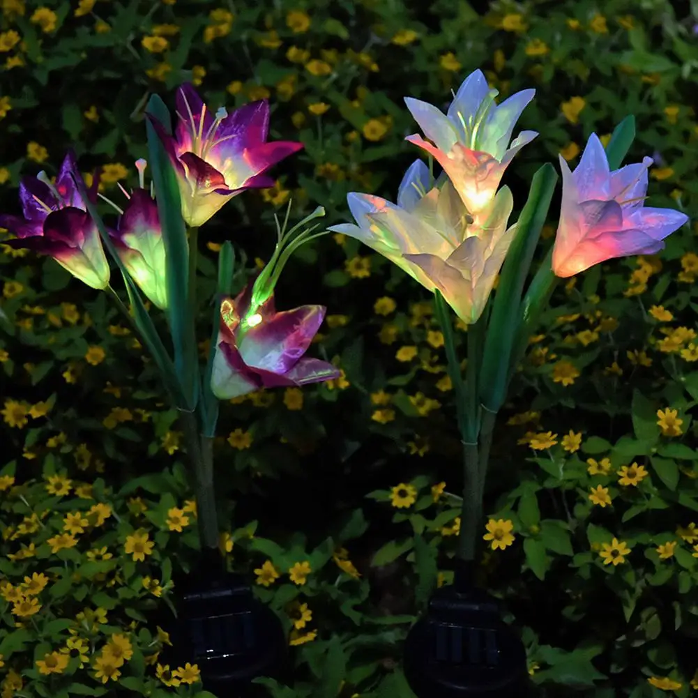 

MeterMall 3Pcs 4LEDs Simulate Greenish Lily Flower Shape Color Gradient Solar Lawn Lamp