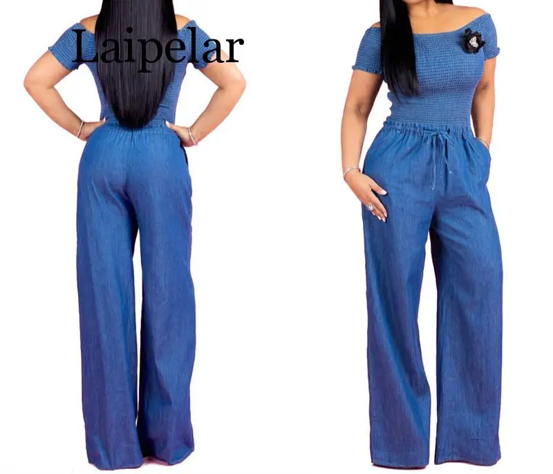 new off shoulder denim jumpsuits sexy sleeveless tube top button vintage jumpsuits summer high waist wide leg playsuits Laipelar New arrival Europe and the fold a word shoulder denim jumpsuits with short sleeves Sexy wide legged jumpsuits