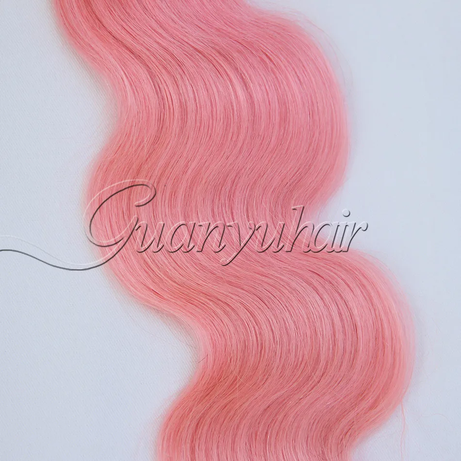 Guanyuhair 1B/Розовая кружевная застежка с 3 пучками, малазийские волосы с однонаправленной кутикулой эффектом деграде(переход от темного к розовый объемная волна переплетение человеческих волос с детскими волосами