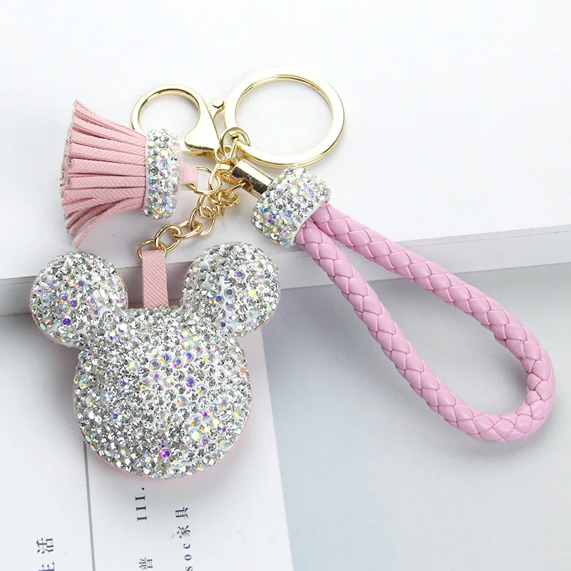 

Fashion Rhinestones Tassel Minnie Mickey Keychain Car Purse Key Ring Women Bag Charms Pendant Key Holder Trinket Gift Porte Clef