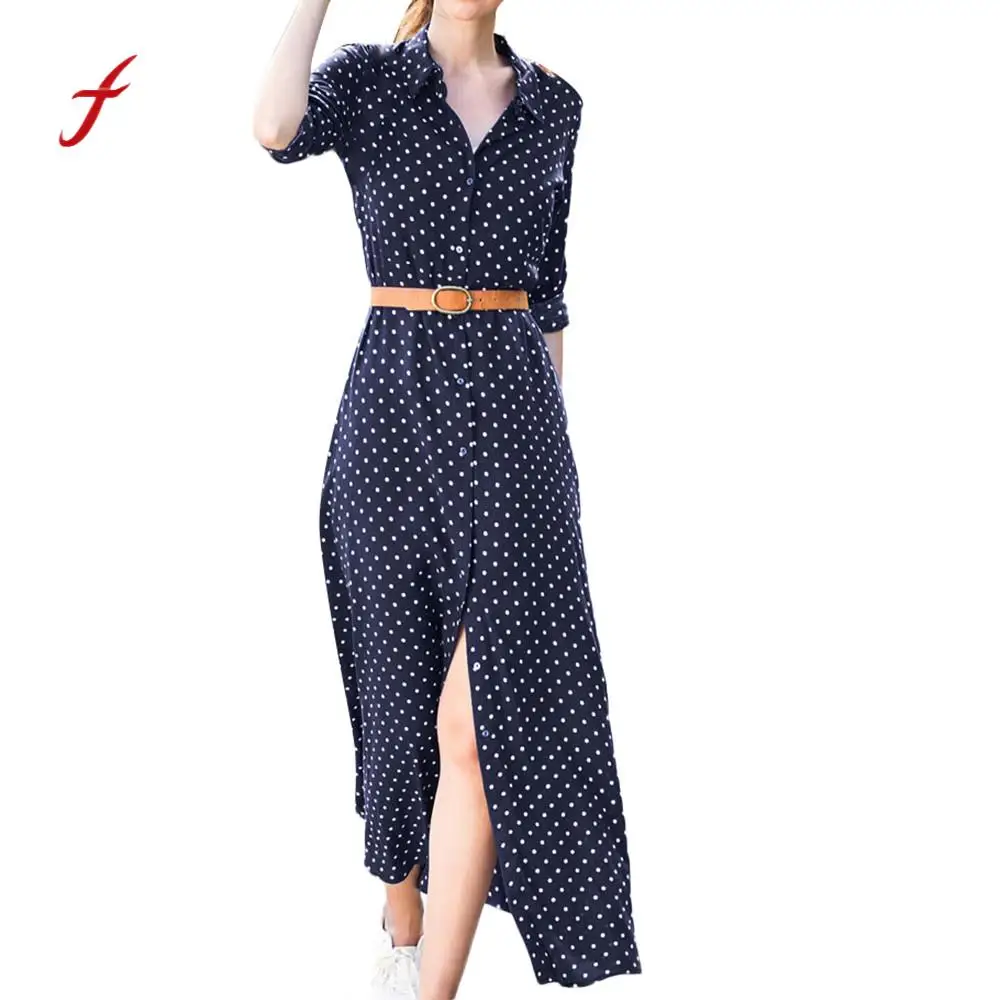 

Feitong Elegant Sexy Women Dress Dot Printed Long Sleeve With Pockets Dresses With Sashes Beach Boho Vestidos /PY