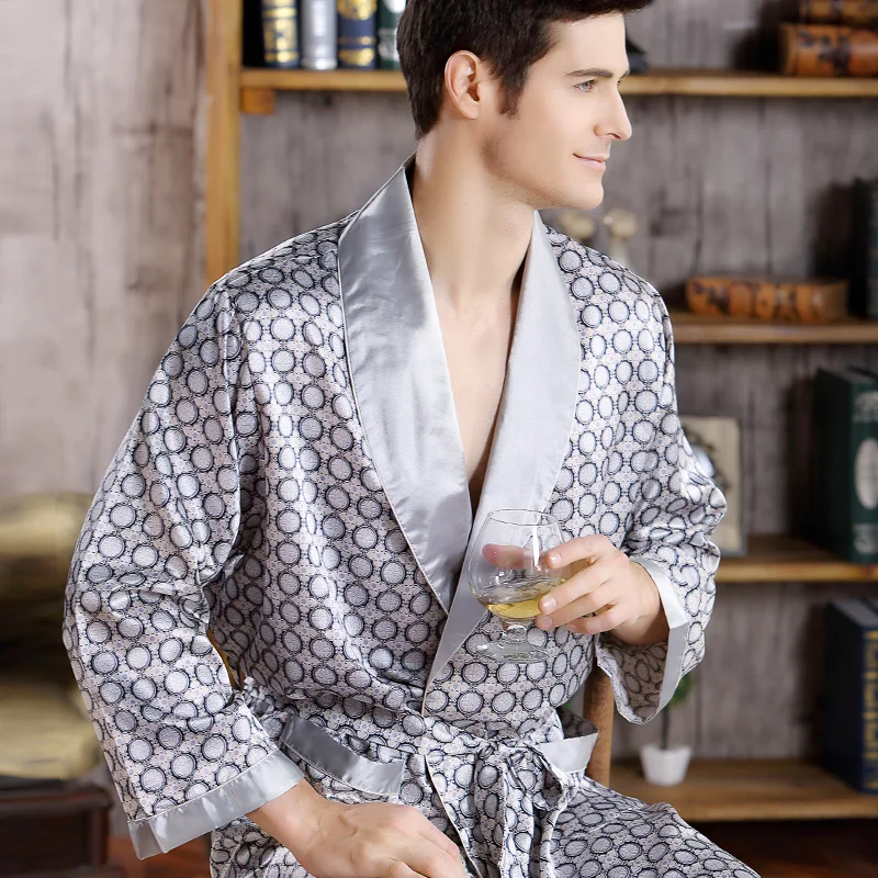 Мужской шелковый халат осень с длинным рукавом плюс размер халаты мужские с геометрическим принтом халаты v-образным вырезом атласная ночная рубашка - Цвет: 1004 Gray
