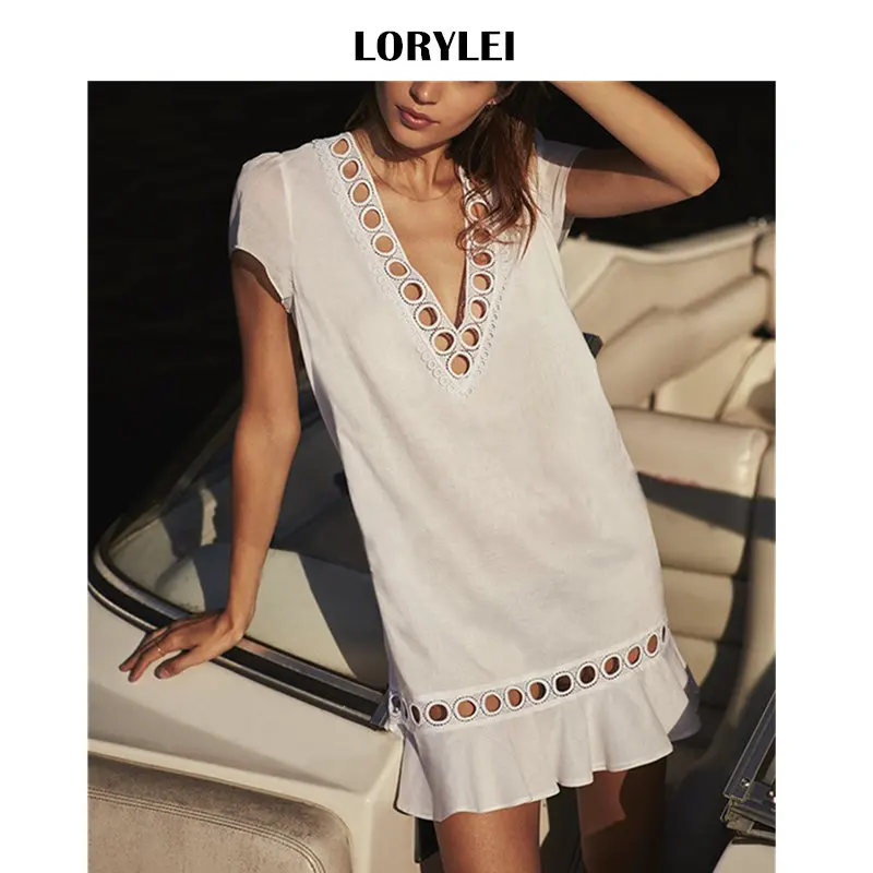 

Sexy Hollow Out Deep V Neck Greece Mini Dress Short Sleeve Beach Dress Summer Women Cotton Tunic Pool Party Swim Cover Up N564