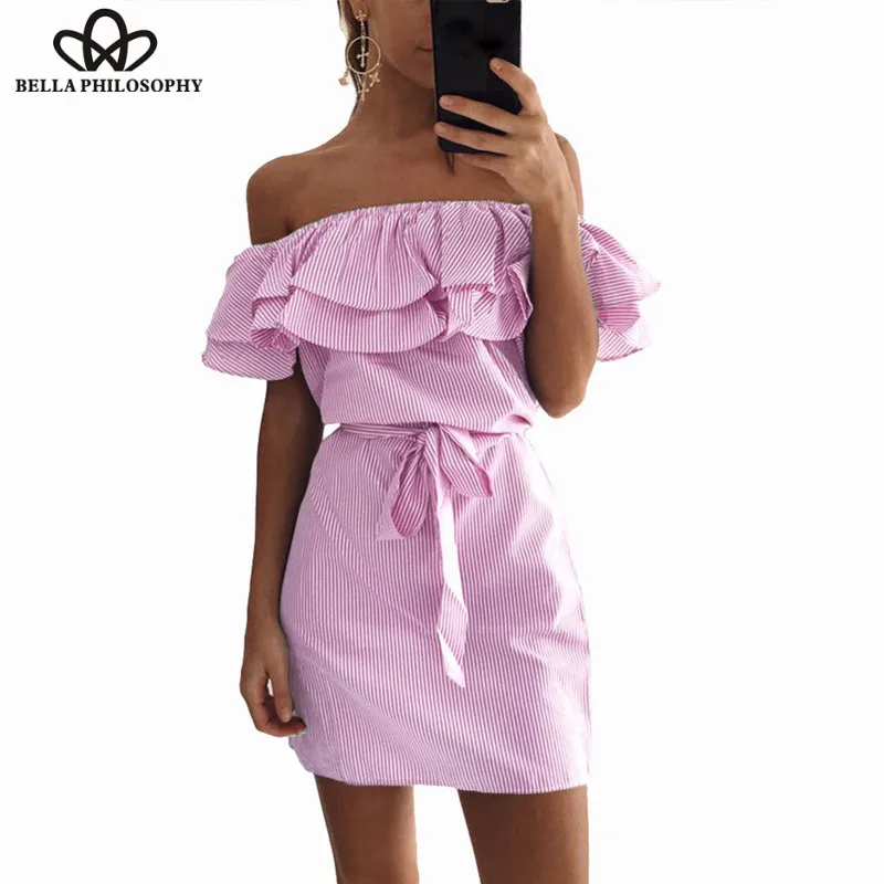 Wonder Summer Casual Off Shoulder Striped Mini Dress Fashion Party Evening Ruffles Strapless Sexy Women Beach Dress Vestidos