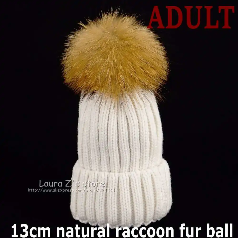 As picture-ADULT Ларасхоу зимние детские шапки шапочки шапки вязаные шляпы детские для девочки мальчики енот мех норки помпоны шерсть - Цвет: As picture-ADULT