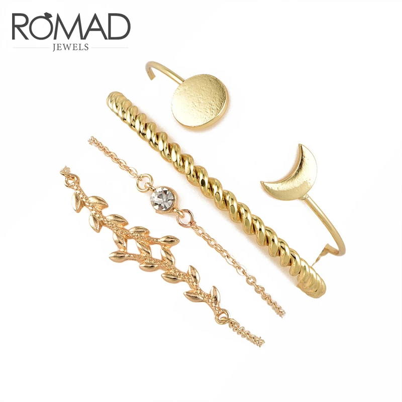 

ROMAD 4pcs/set Start Leaf Shaped Crystal Bracelets Set for Women Gold Charm Bracelet Fashion Jewelry pulseras mujer moda R4