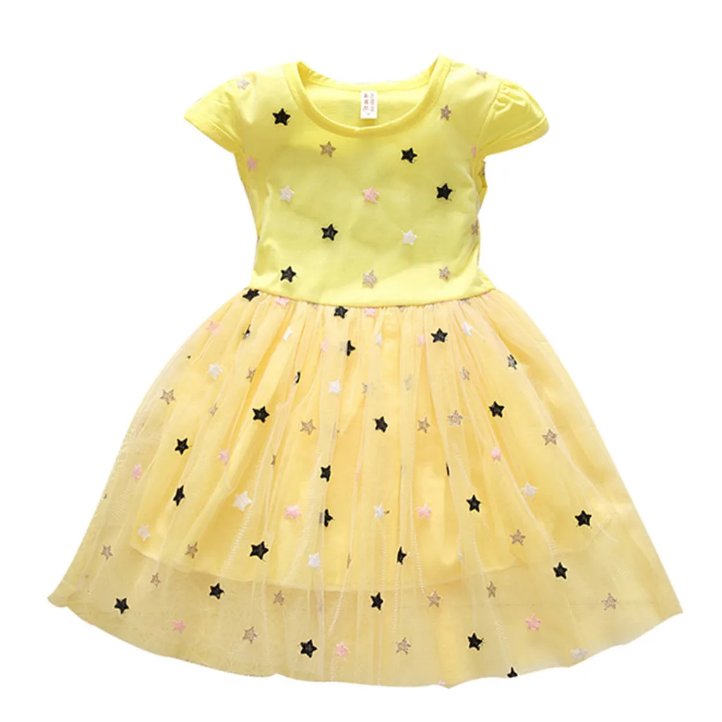 Платье для маленьких девочек коллекция года; милое летнее Хлопковое платье трапециевидной формы с круглым вырезом и короткими рукавами для маленьких девочек; Повседневное платье с принтом со звездой для новорожденных девочек
