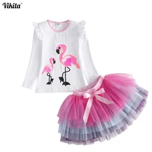 VIKITA/комплекты одежды для девочек футболки с длинными рукавами и принтом Фламинго+ платье-пачка комплект детской одежды из 2 предметов RESETLH4591