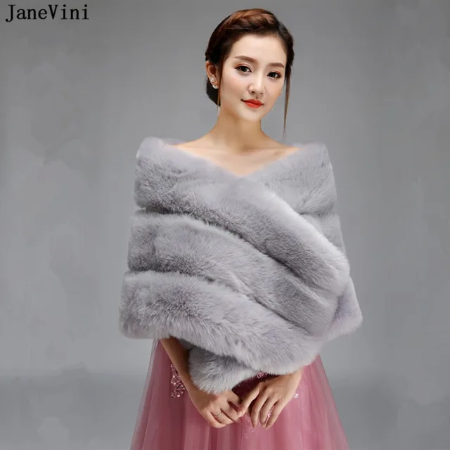 Reviews JaneVini Elegant Gray Bridal Fox Faux Fur Bolero for Women Winter Warm Cape Shawls Cloak Wraps Brides Evening Dress Accessories