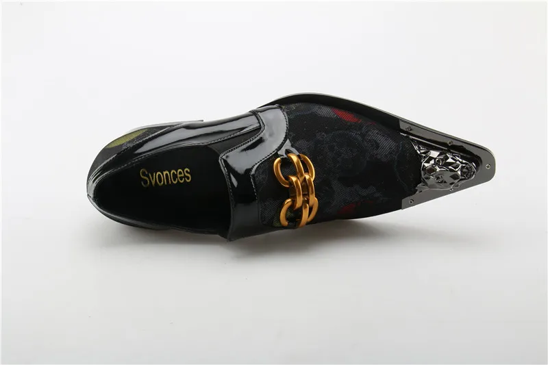 Genuine Leather Mens Shoes Fashion Graffiti Designer Flats Metal Pointed Toe Laofers Party Dressing Brand Shoes Men Plus Size