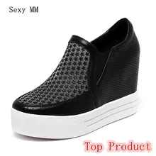 Обувь без застежки из натуральной кожи на танкетке; женские лоферы на плоской подошве; Повседневная прогулочная обувь на плоской подошве, увеличивающая рост; большие размеры 34-40