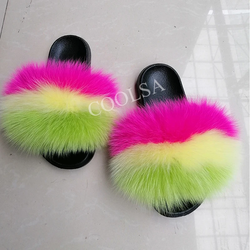 COOLSA Hot Women's Striped Plush Fur Slippers Super Fluffy Furry Fox Fur Slides Travel Quick Drying Beach Flip Flops Plus Size