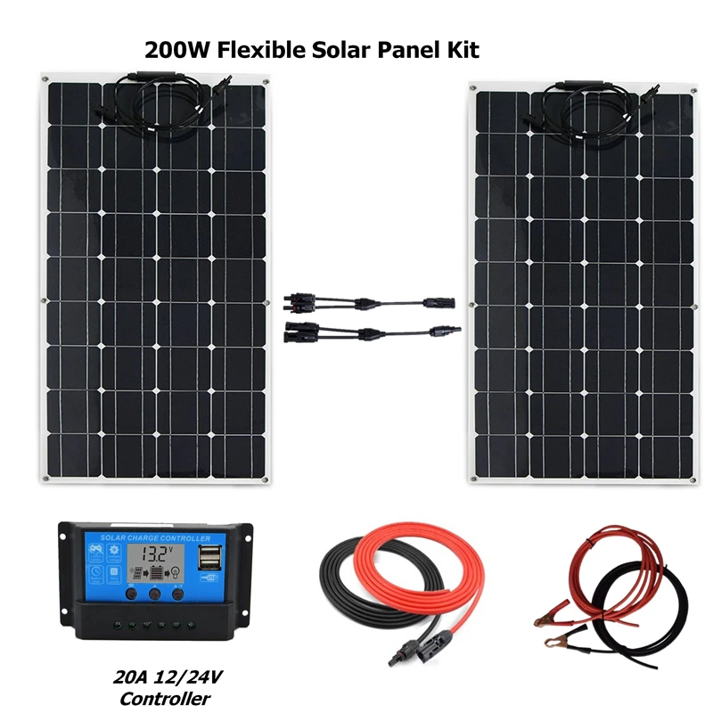 

200W Flexible Solar system Kit: 2 x 100w Monocrystalline Solar Panel+20A solar controller+solar/battery cable+MC4 Connector