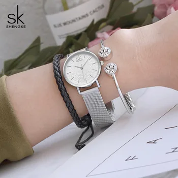 

Shengke Luxury Watches Women Silver Stainless Steel Female Quartz Watch Montre Femme 2019 SK Watch with Bracelets