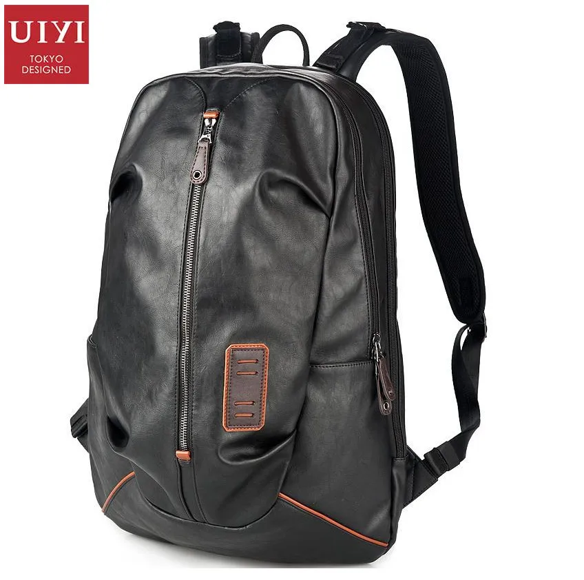 

UIYI PU Leather Men Backpack Black For 15 Inch Laptop Multi Pocket Day Pack Large Travel Teenagers Shoulder Rucksack 140092