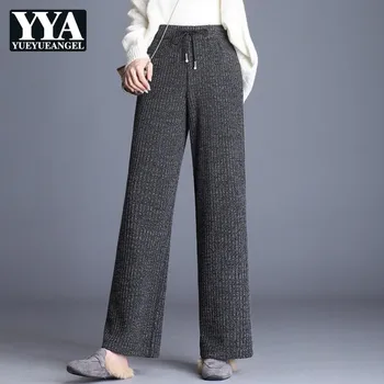 

Women Plus Size Casual Knitted Wide Leg Pants New Solid Loose Fit High Waist Drawstring Female Trousers High Quality Spring