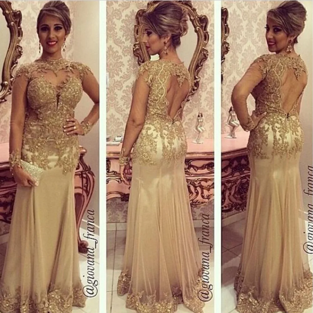 

Vestidos De Formatura Long Sleeves Mermaid Gold Lace Prom Dresses 2015 Fast Shipping Open Back Cheap Evening Dress Party New