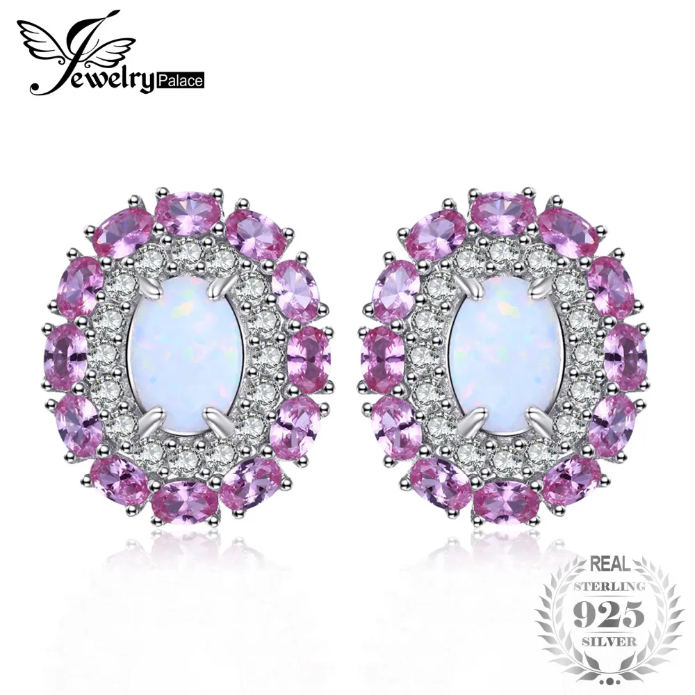 

Jewelrypalace Pink Romance 0.5ct Created White Opal Created Pink Sapphire Halo Studs Earrings 925 Sterling Silver Gift For Her