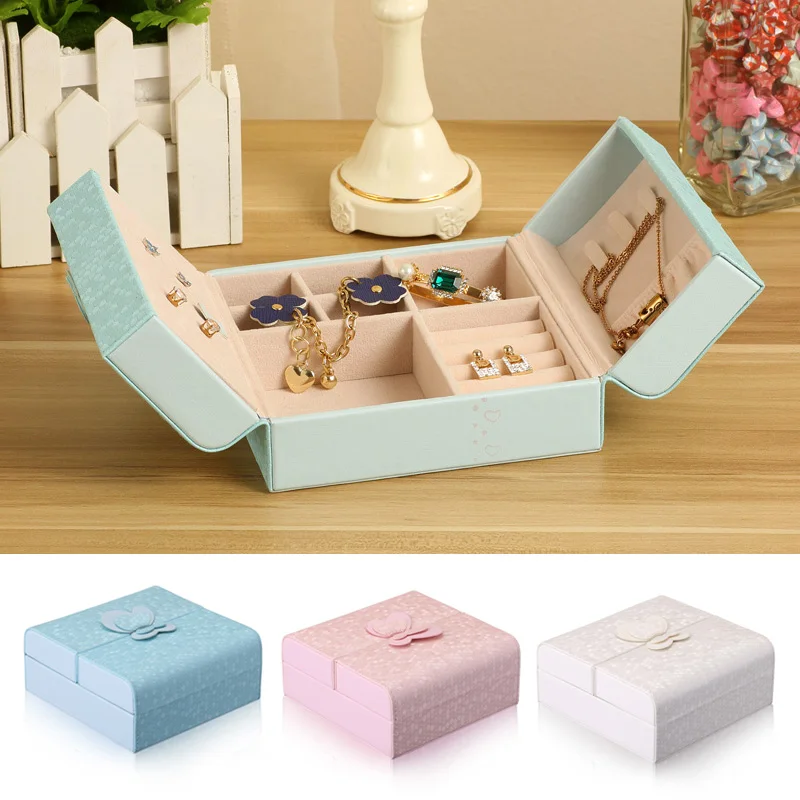 Korean butterfly flower buckle PU double open jewelry box, necklace