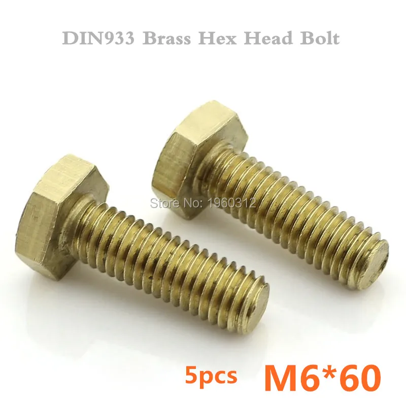 5pcs/lot DIN933 M6 x 60mm Brass Hexagon Bolts Hex Head Bolt Set Screw