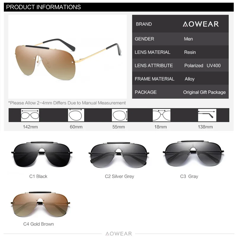 Солнцезащитные очки AOWEAR поляризационные мужские зеркальные без оправы для